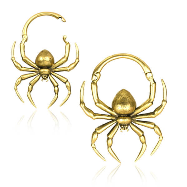 Brass Spider Ear Hanger Pair – Polished Brass Hinged Clicker Earrings with Sculpted Spider Design on white background