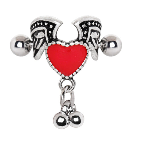 Winged Heart Cartilage Cuff – 316L Stainless Steel Red Enamel Winged Heart with Hanging Balls on white background