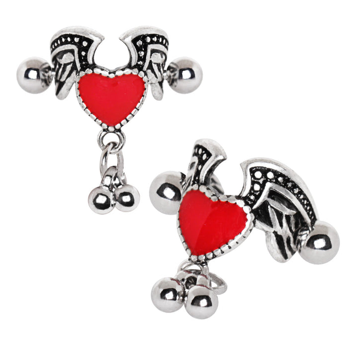 Winged Heart Cartilage Cuff – 316L Stainless Steel Red Enamel Winged Heart with Hanging Balls