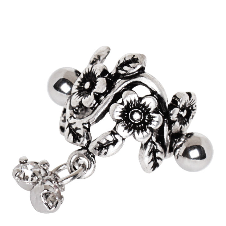 Flower Vine Cartilage Cuff – Antique Floral 316L Stainless Steel Ear Cuff with Clear CZ Drops on white background