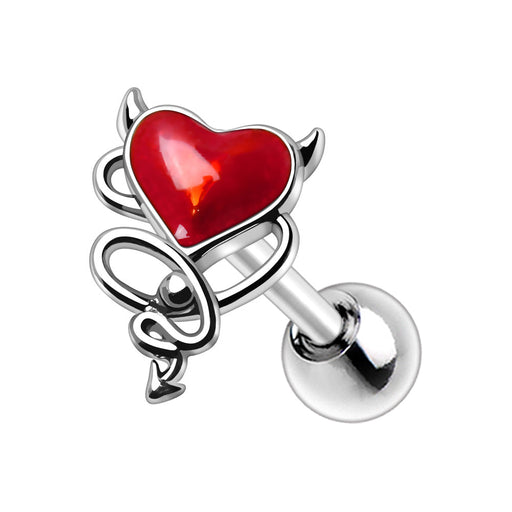 Devil Heart Cartilage Bar 16G – Red Enamel Winged Heart with Stainless Steel Tragus Bar on a white background