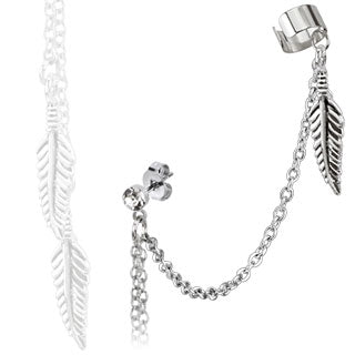 Silver feather earring with chain on a white background