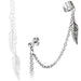 Silver feather earring with chain on a white background