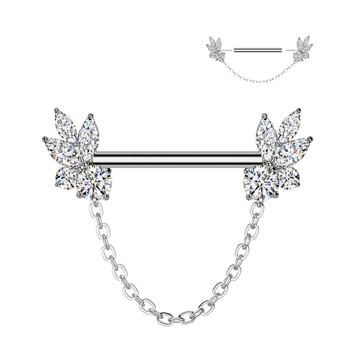 Marquise CZ Fan Nipple Barbell – 316L Surgical Steel 14G Threadless Bar with Chain Dangle, Silver Finish