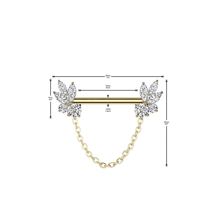 Marquise CZ Fan Nipple Barbell – 316L Surgical Steel 14G Threadless Bar with measurements