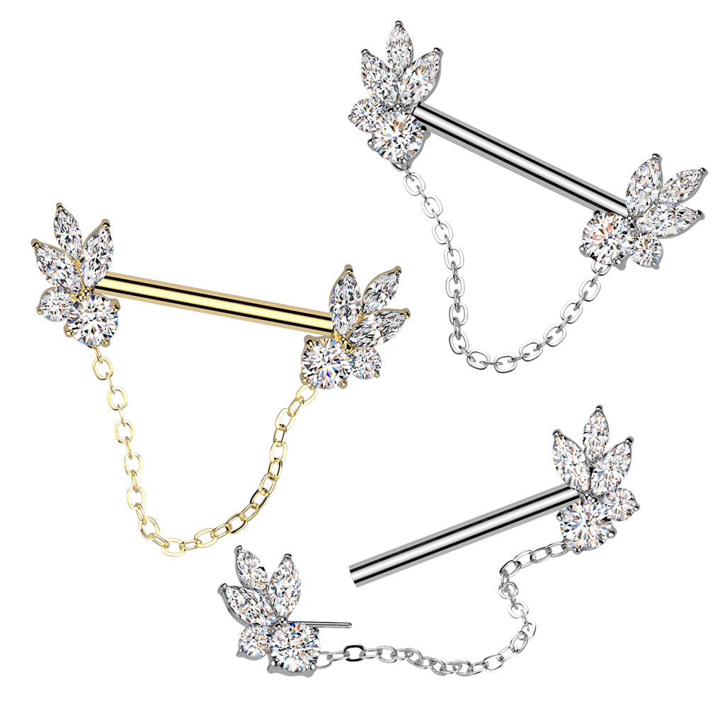 Marquise CZ Fan Nipple Barbell – 316L Surgical Steel 14G Threadless Bar with Chain Dangle, Gold or Silver Finish