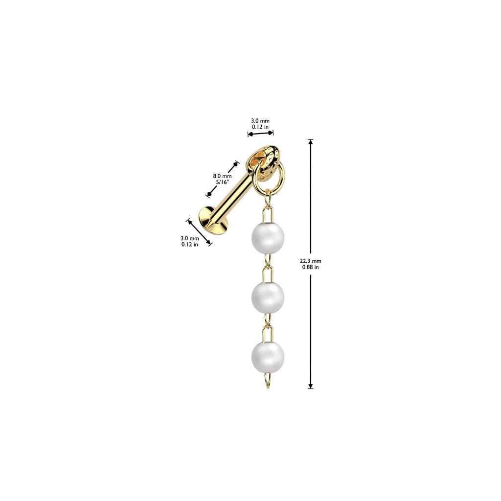 Gold earring with pearl beads and measurement details on a white background
