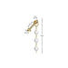 Gold earring with pearl beads and measurement details on a white background