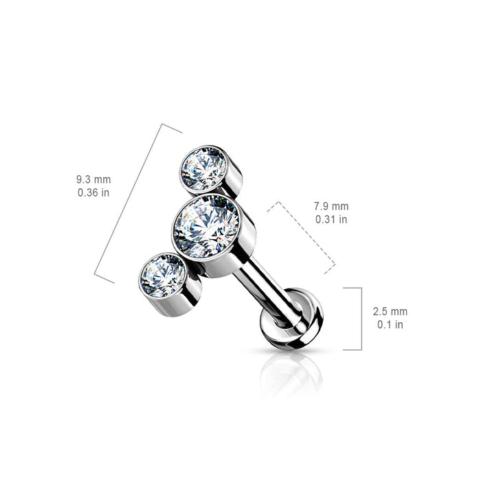 Titanium Triple Gem Labret – Solid Titanium 16G Threadless Labret with Central 4mm and Side 3mm Cubic Zirconia Gems with measurements