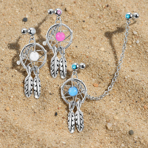 Cartilage Chain bars with dreamcatcher design featuring feathers and colorful beads on a white background