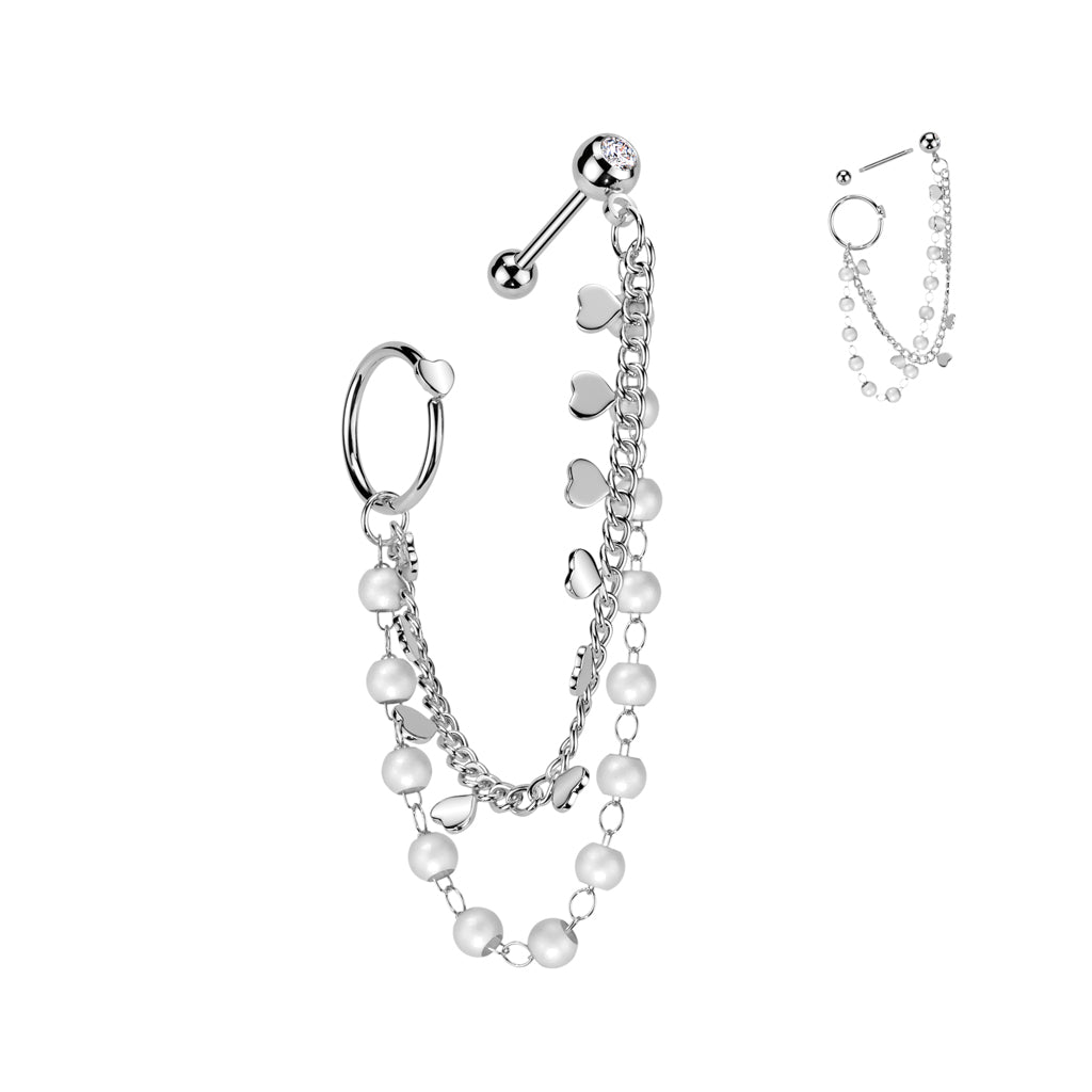 Pearl Heart Chain Ring & Cartilage Bar 18G