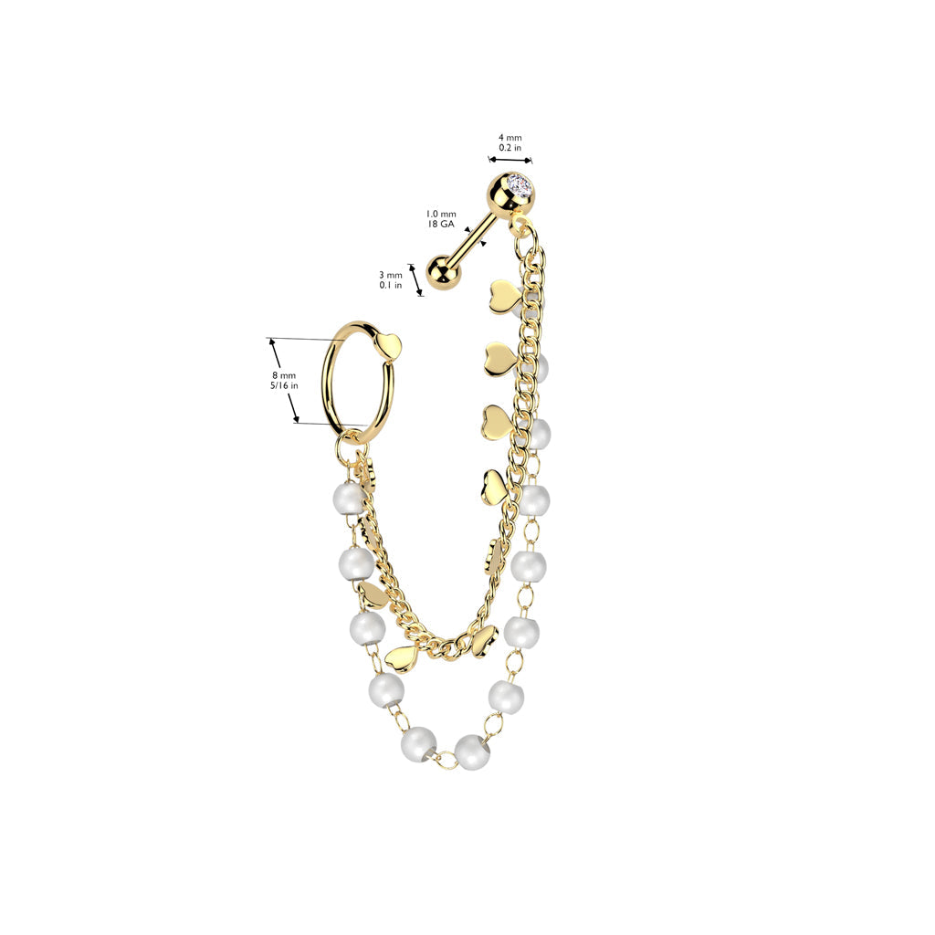 Pearl Heart Chain Ring & Cartilage Bar 18G