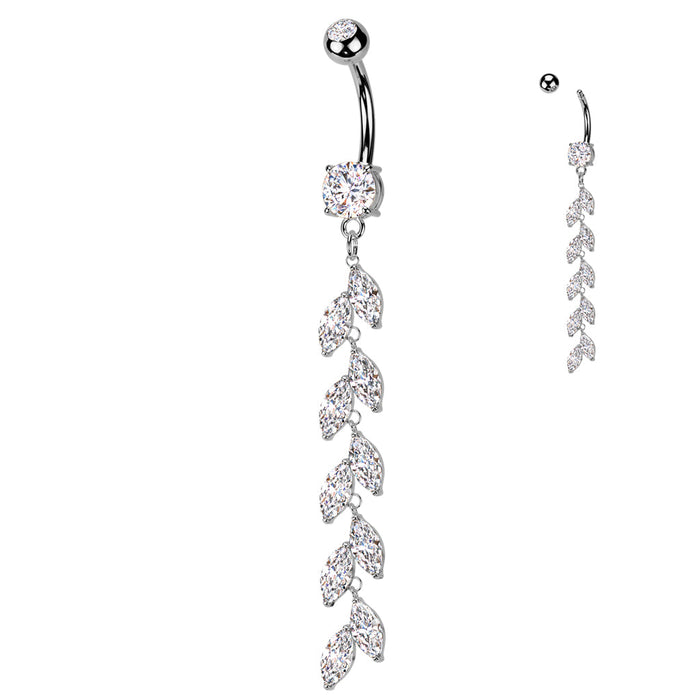 Vine Drop Belly Bar – Silver  316L Surgical Steel with Clear CZ Gem Vine Design