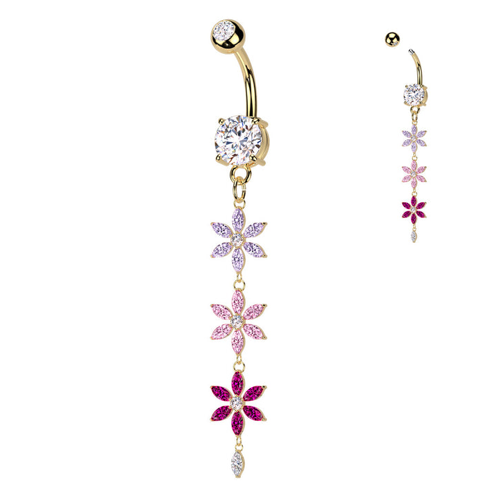 Triple Flower Drop Belly Bar – Gold 316L Surgical Steel with Purple, Pink & Tanzanite CZ Gem Flowers