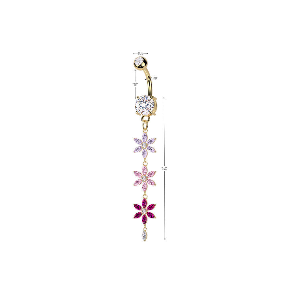 Triple Flower Drop Belly Bar – Silver or Gold 316L Surgical Steel with Purple, Pink & Tanzanite CZ Gem Flowers with measurements