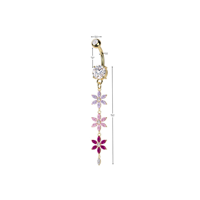 Triple Flower Drop Belly Bar – Silver or Gold 316L Surgical Steel with Purple, Pink & Tanzanite CZ Gem Flowers with measurements