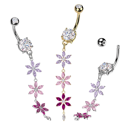 Triple Flower Drop Belly Bar – Silver or Gold 316L Surgical Steel with Purple, Pink & Tanzanite CZ Gem Flowers