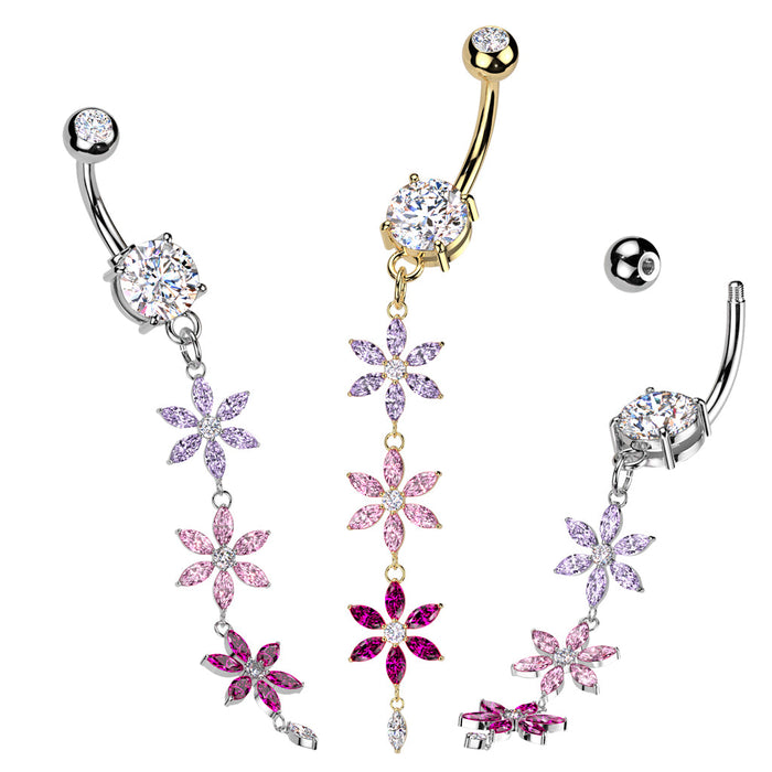 Triple Flower Drop Belly Bar – Silver or Gold 316L Surgical Steel with Purple, Pink & Tanzanite CZ Gem Flowers