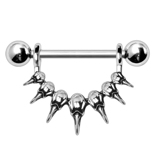 Raven Skull Nipple Dangle – 316L Stainless Steel Nipple Barbell with Dual Sculpted Skull Design on white background