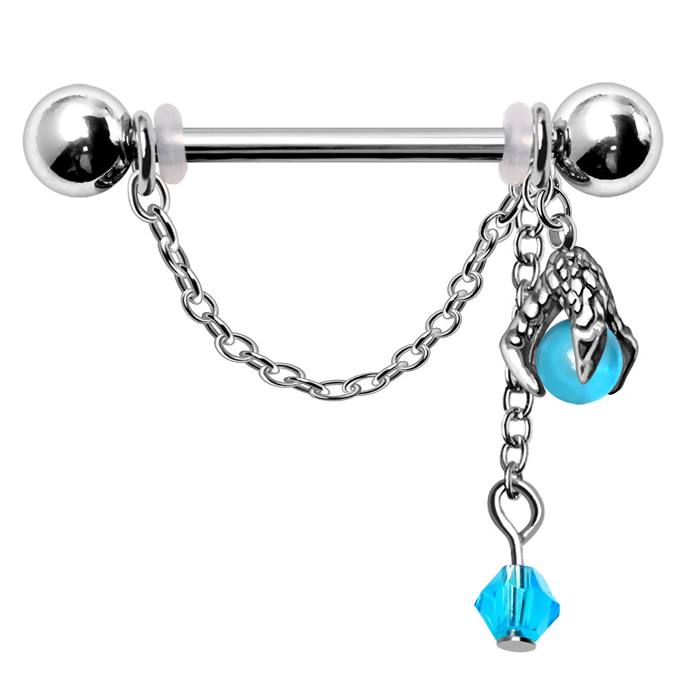 Dragon Claw Orb Nipple Cuff – 316L Stainless Steel Nipple Shield with Aqua Orb and Chained Bead