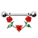 Heart and Roses Nipple Dangle – 316L Stainless Steel Red Enamel Roses with Heart CZ and Green Leaf Detail on a white background