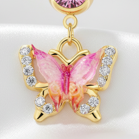 Pink Butterfly Dangle Belly Bar 14G