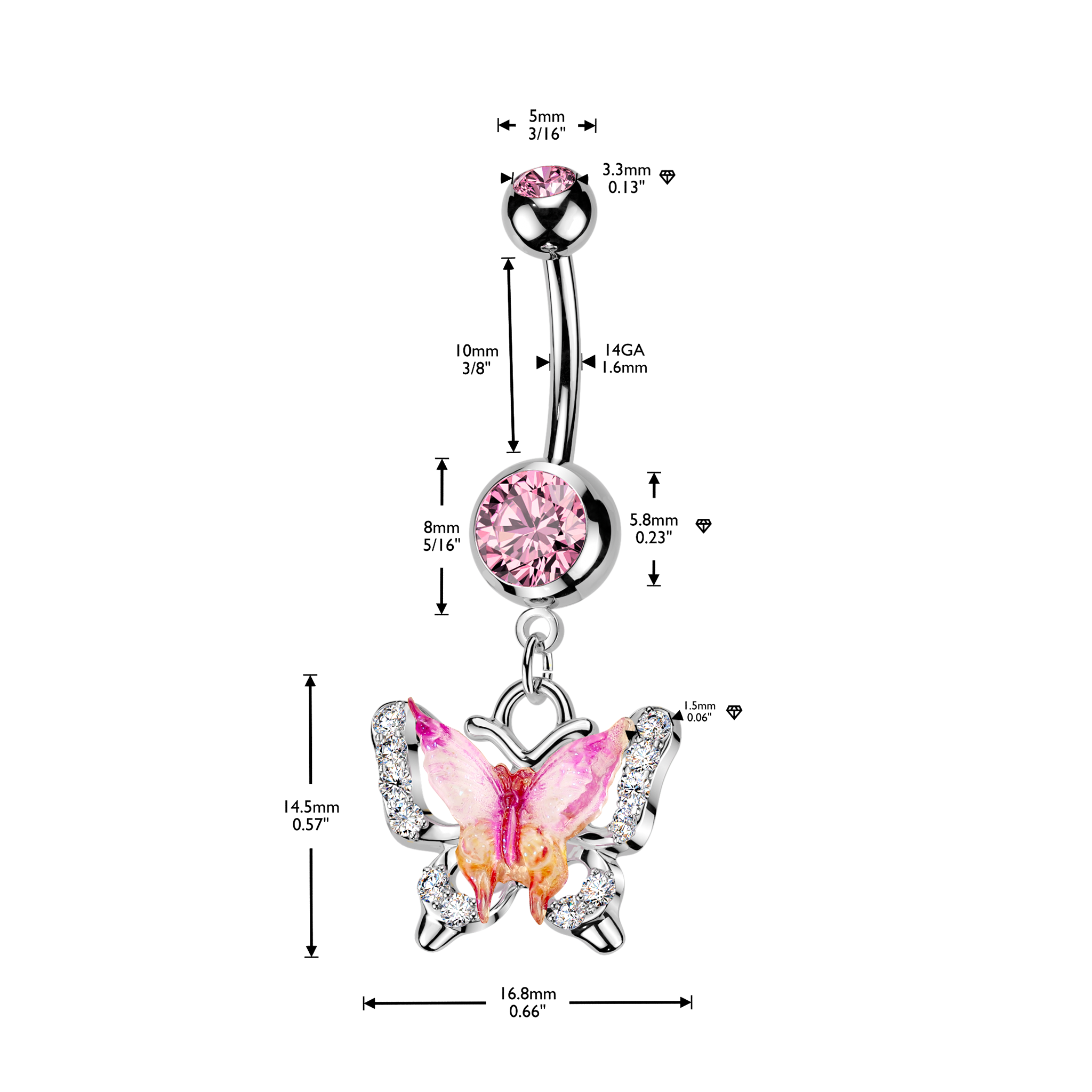 Pink Butterfly Dangle Belly Bar 14G