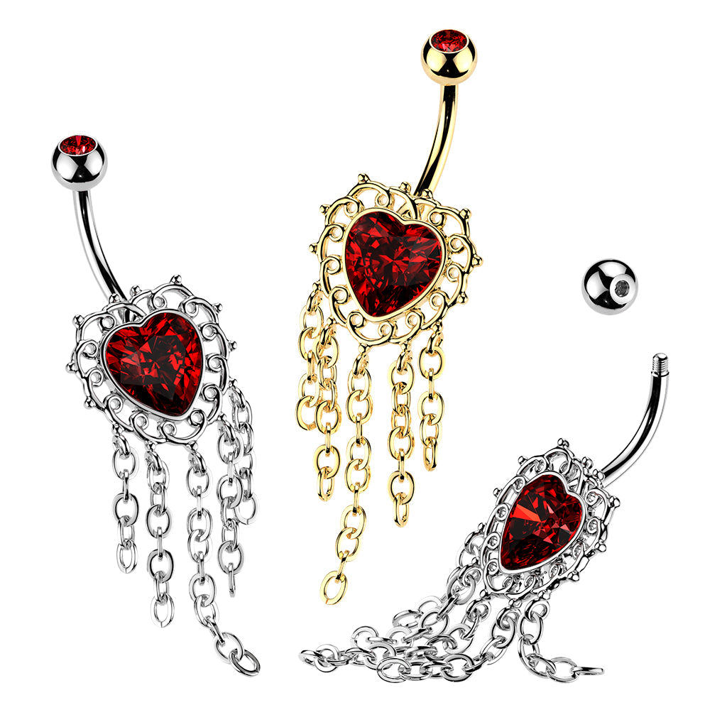 Red Heart Chain Filigree Belly Bar 14G