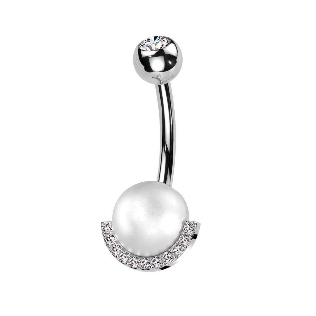 Pearl and Paved Gem Belly Bar 14G-My Body Piercing Jewellery