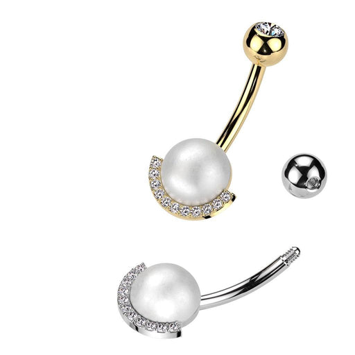 Pearl and Paved Gem Belly Bar 14G-My Body Piercing Jewellery
