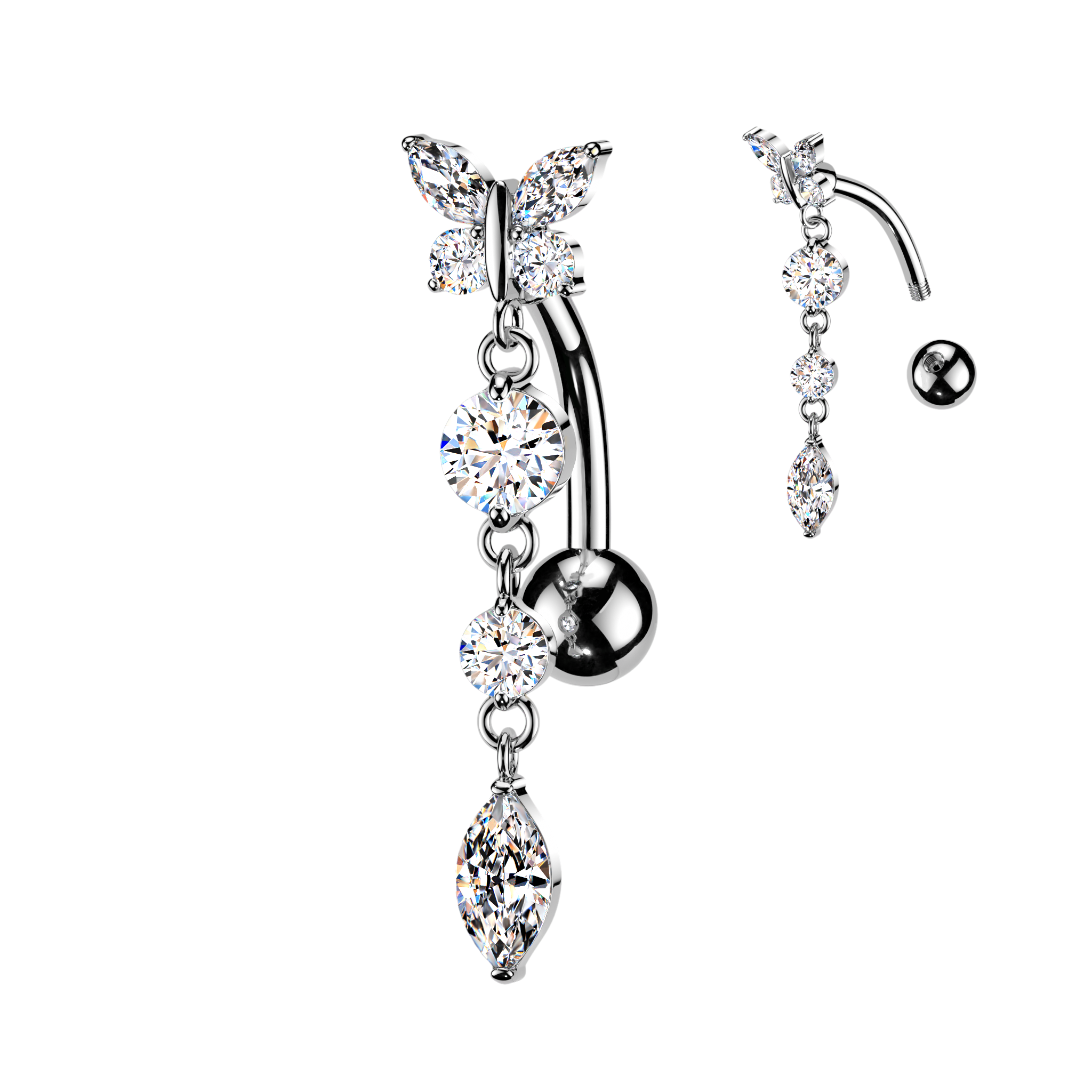 Butterfly Dangle Top Drop Belly Bar 14G
