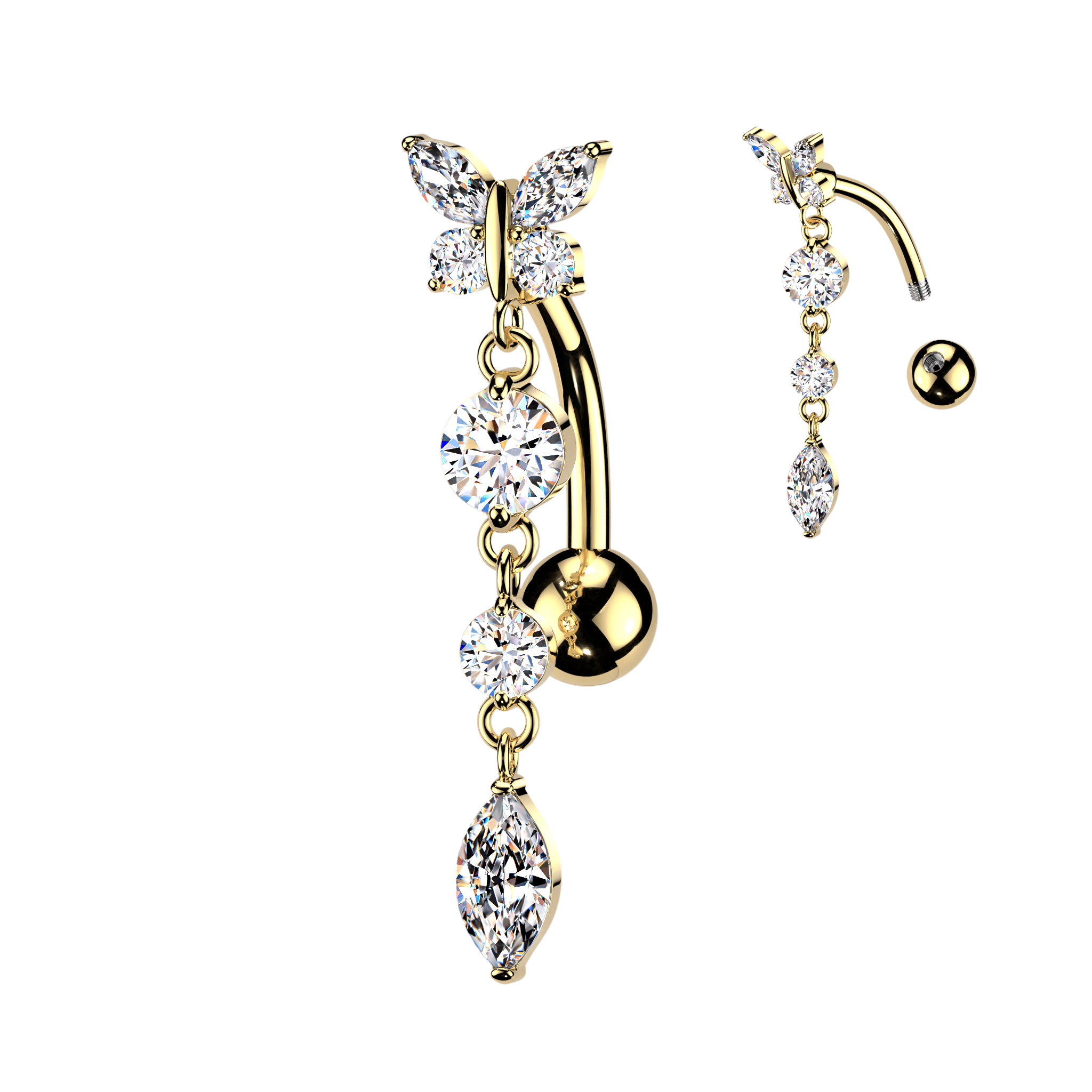 Butterfly Dangle Top Drop Belly Bar 14G