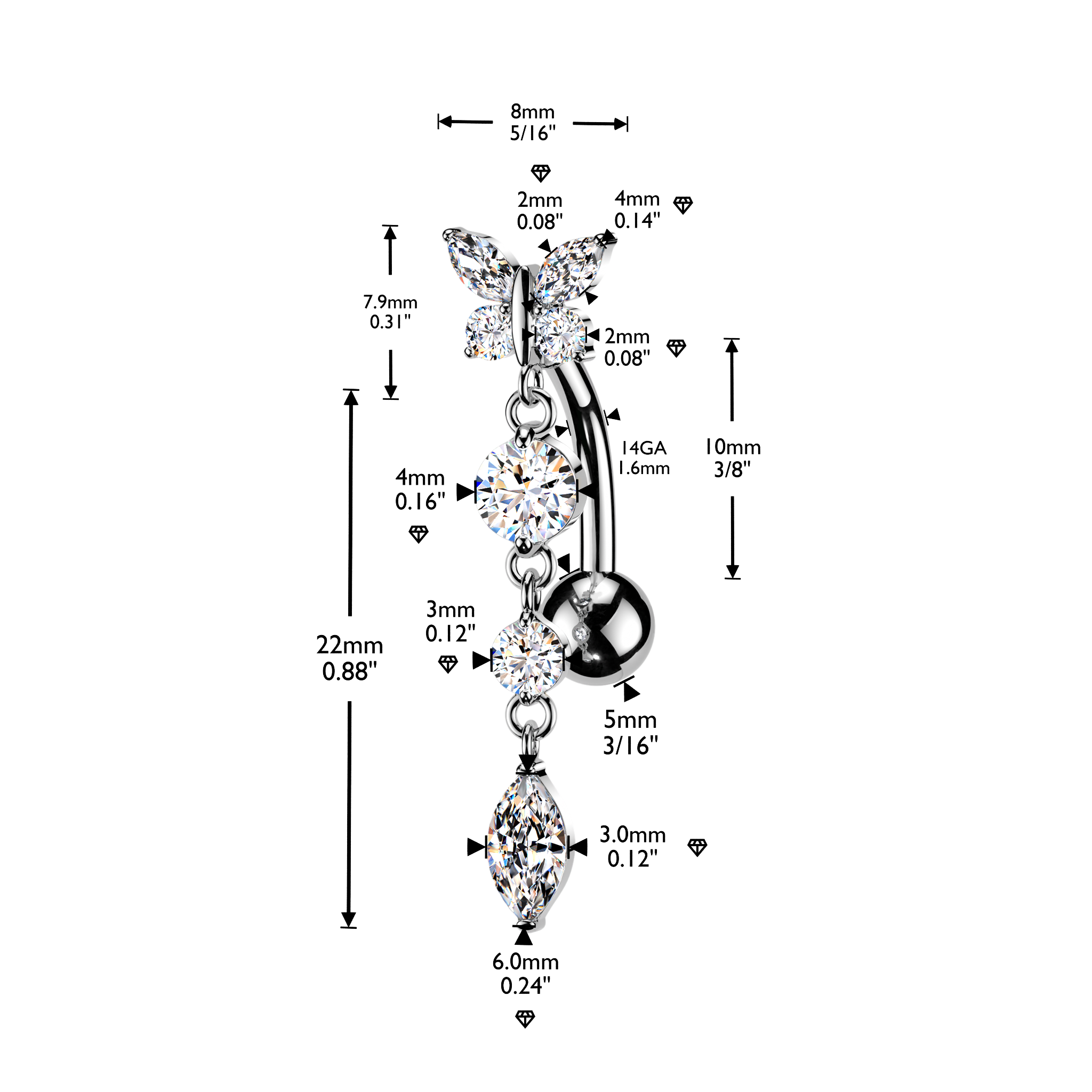 Butterfly Dangle Top Drop Belly Bar 14G
