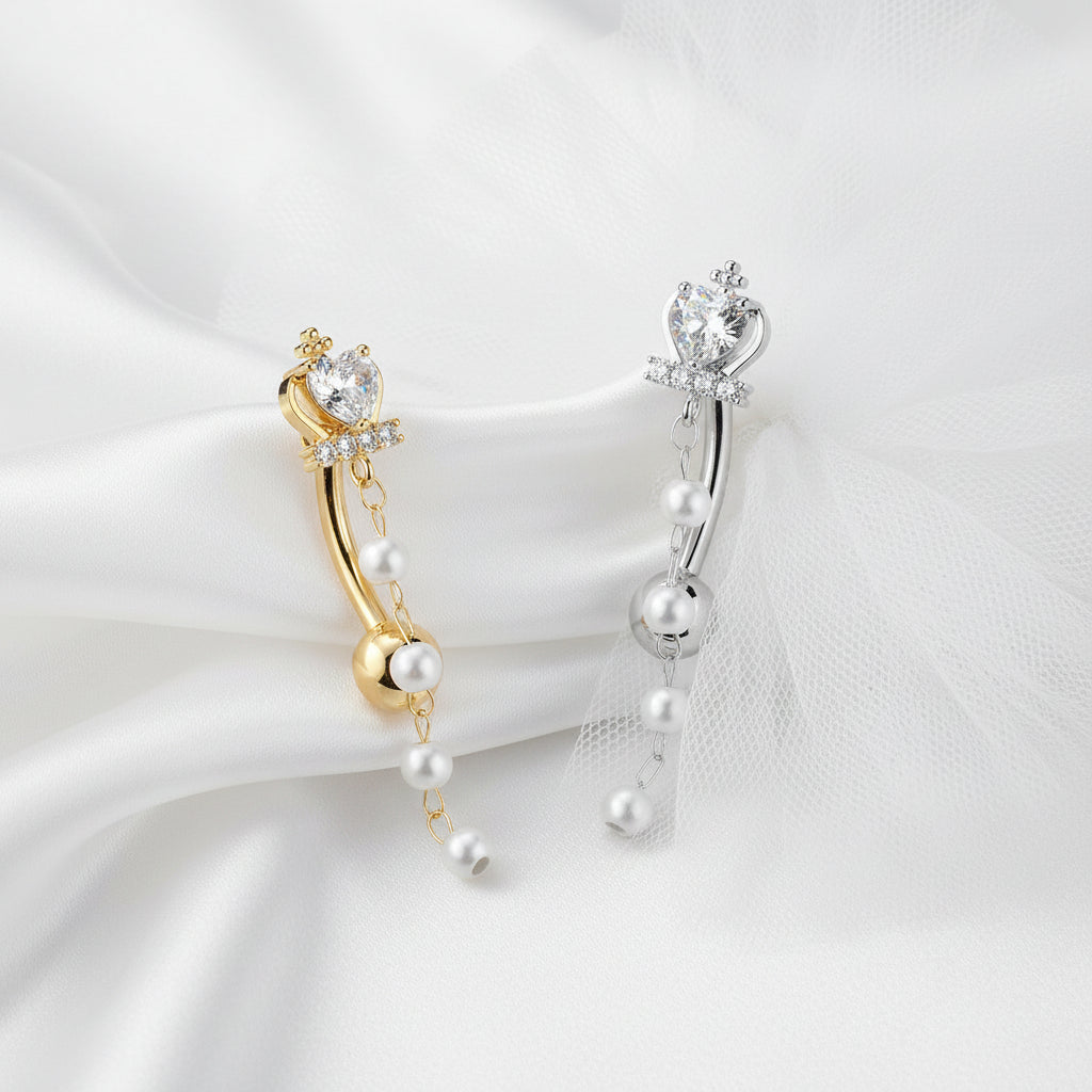 Pearl Crown Top Drop Belly Bar 14G