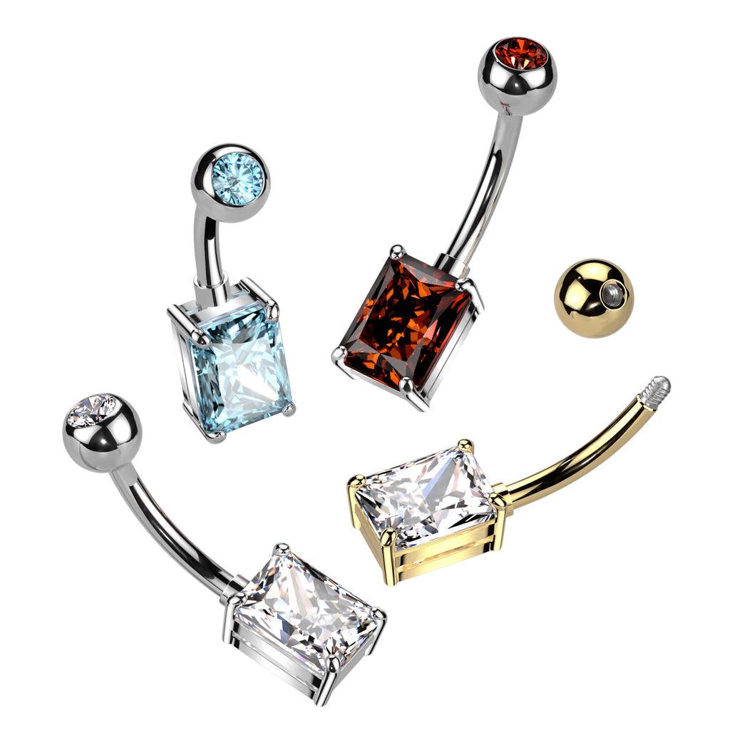 Body Jewelry - Titanium Rectangle Gem Belly Bar 14G
