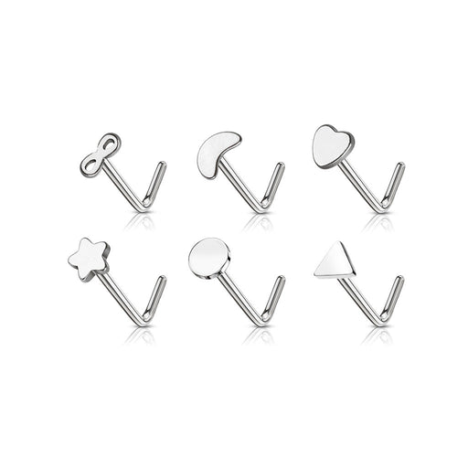 Set of silver nose rings with various shapes on a white background