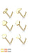 Gold nose rings in different shapes on a white background