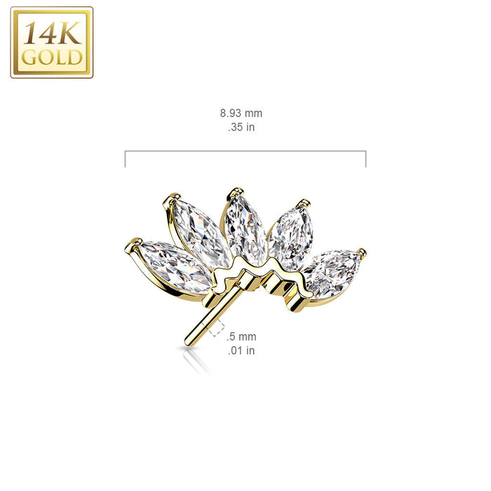 14kt Gold Threadless Marquise Fan Top – Solid Gold with CZ Gems for Threadless Piercing Jewellery with measurements