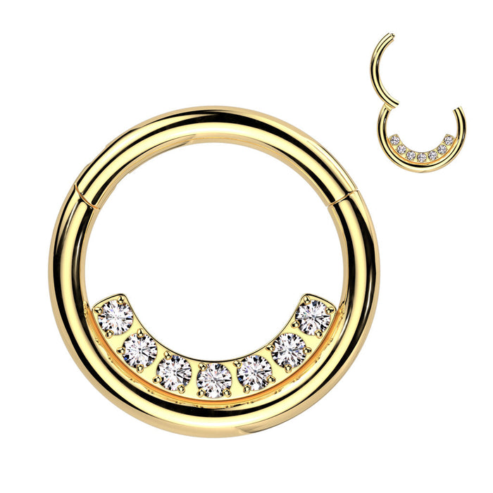 Gem Lined Hinged Ring – Gold PVD 316L Surgical Steel with Clear CZ Gems for Septum, Daith & Helix Piercings