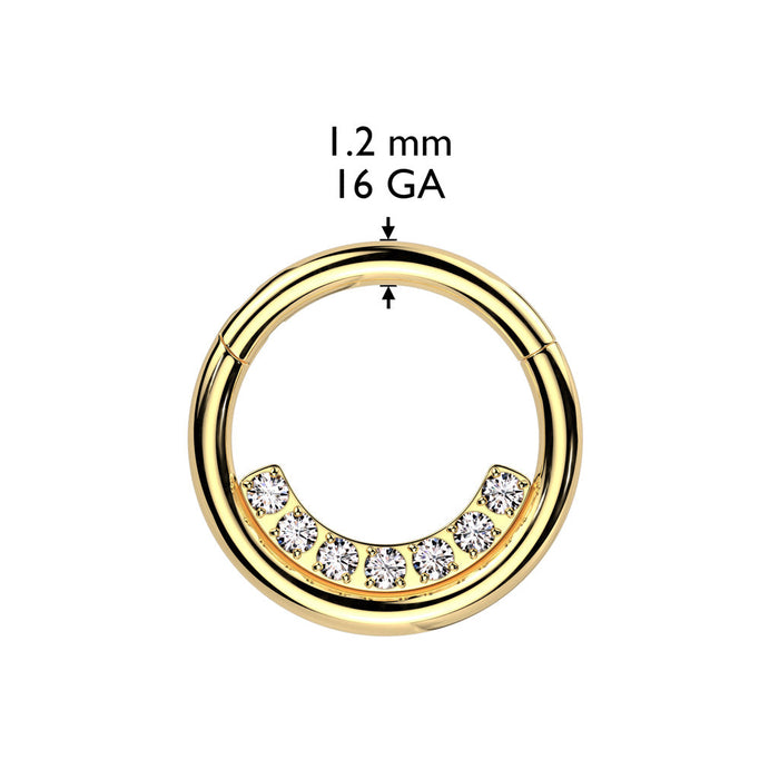 Gem Lined Hinged Ring with measurements – Silver or Gold PVD 316L Surgical Steel with Clear CZ Gems for Septum, Daith & Helix Piercings