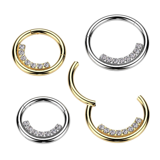 Gem Lined Hinged Ring – Silver or Gold PVD 316L Surgical Steel with Clear CZ Gems for Septum, Daith & Helix Piercings