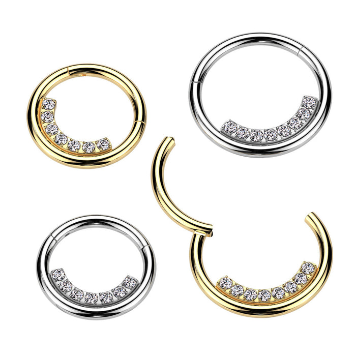 Gem Lined Hinged Ring – Silver or Gold PVD 316L Surgical Steel with Clear CZ Gems for Septum, Daith & Helix Piercings