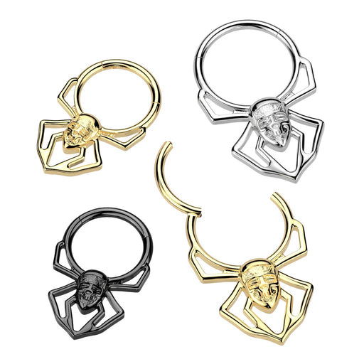 Spider Skull Hinged Ring – Silver, Black or Gold PVD 316L Surgical Steel Septum, Daith & Helix Piercing