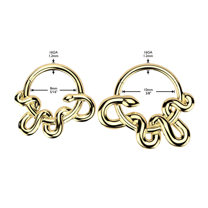 Coiled Snake Hinged Ring – Silver or Gold PVD 316L Surgical Steel Septum, Daith & Helix Piercing with measurements
