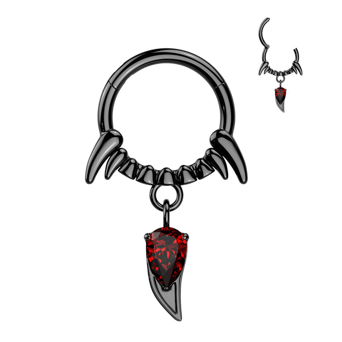 Fang Drop Hinged Ring – Black PVD 316L Surgical Steel with Red CZ Gem for Septum, Daith & Helix Piercing