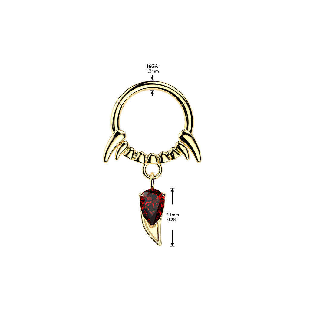 Fang Drop Hinged Ring – Silver, Black or Gold PVD 316L Surgical Steel with Red CZ Gem for Septum, Daith & Helix Piercing with measurements