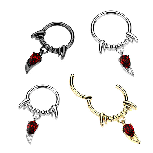 Fang Drop Hinged Ring – Silver, Black or Gold PVD 316L Surgical Steel with Red CZ Gem for Septum, Daith & Helix Piercing
