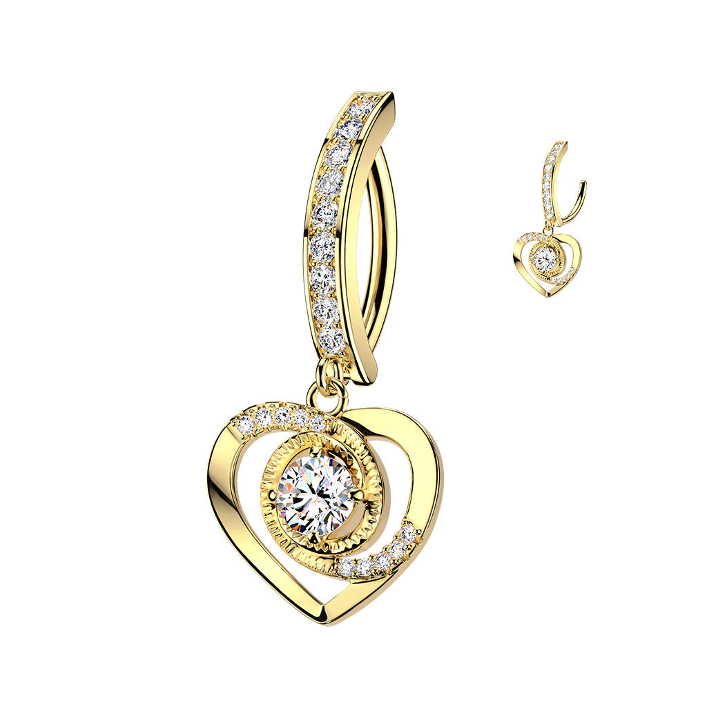 Swirl Heart Dangle Hinged Belly Bar 14G
