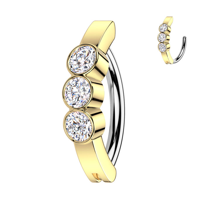 Triple Gem Hinged Belly Bar in Gold – 316L Surgical Steel with Triple CZ Gems