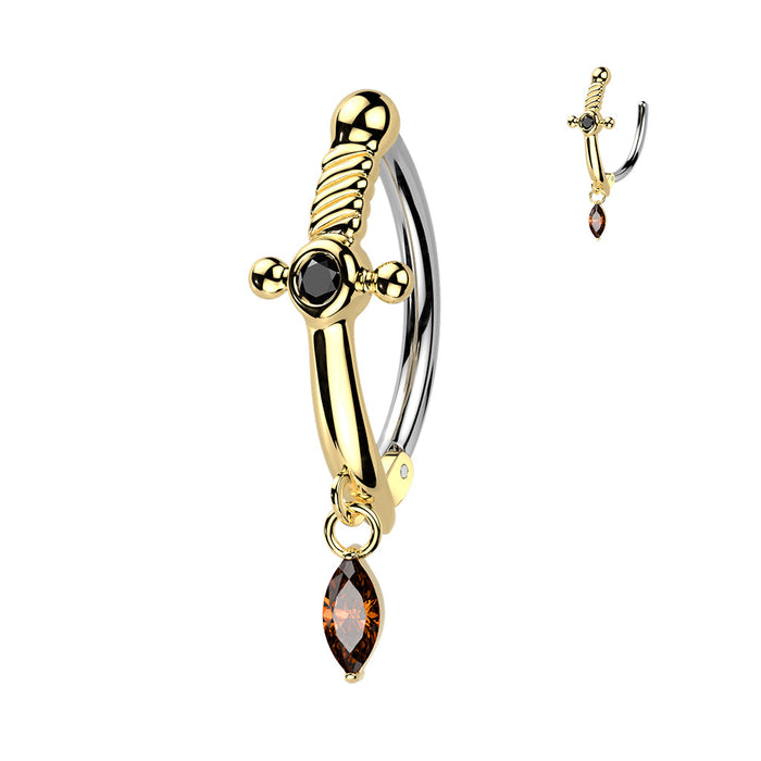 Dagger Hinged Belly Bar – gold PVD 316L surgical steel with CZ stones